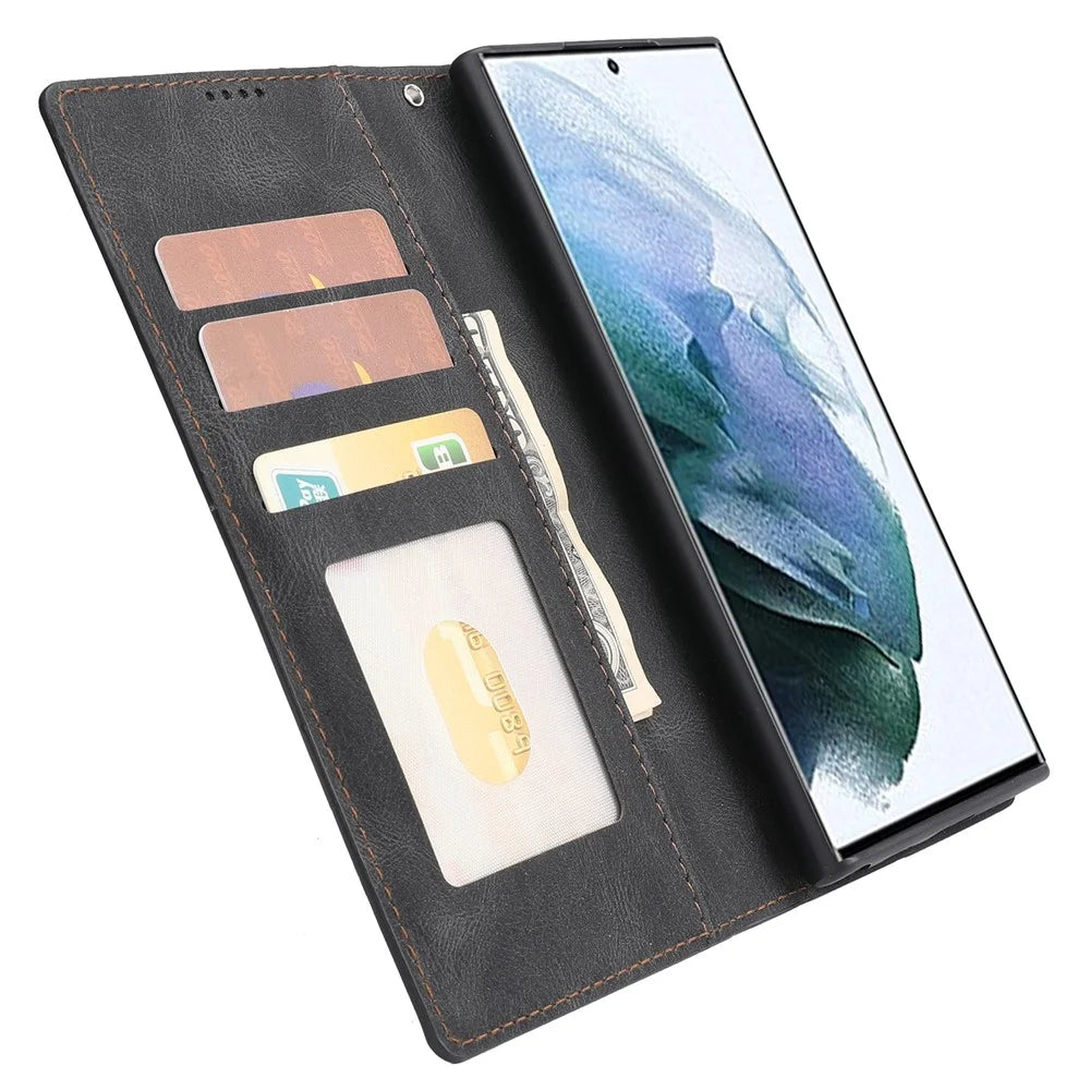 Classic Style PU Leather Magnetic Flip Folio Case Wallet Stand Drop Protection Cover for Samsung Galaxy S22 Ultra 5G - Black - 6