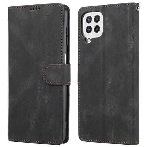 Classic Style PU Leather Flip Folio Case Wallet Stand Magnetic Protective Cover with Strap for Samsung Galaxy A22 4G (EU Version) / M32 (Global Version) - Black - 1