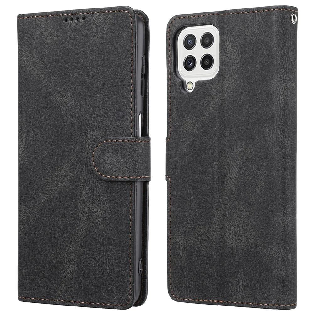 Classic Style PU Leather Flip Folio Case Wallet Stand Magnetic Protective Cover with Strap for Samsung Galaxy A22 4G (EU Version) / M32 (Global Version) - Black - 1