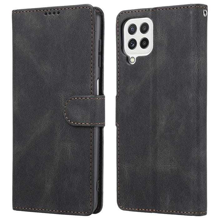 Classic Style PU Leather Flip Folio Case Wallet Stand Magnetic Protective Cover with Strap for Samsung Galaxy A22 4G (EU Version) / M32 (Global Version) - Black - 1