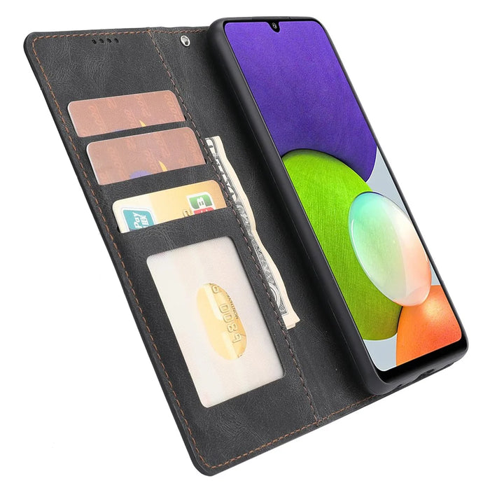 Classic Style PU Leather Flip Folio Case Wallet Stand Magnetic Protective Cover with Strap for Samsung Galaxy A22 4G (EU Version) / M32 (Global Version) - Black - 6