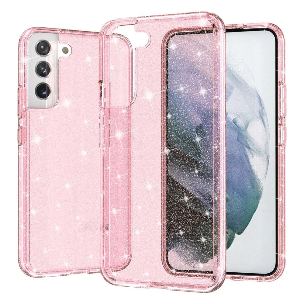 Glittering TPU + PC  Phone Case Shiny Powder Transparent 3.0mm Thickened Hybrid Phone Protector for Samsung Galaxy S22+ 5G - Pink - 1