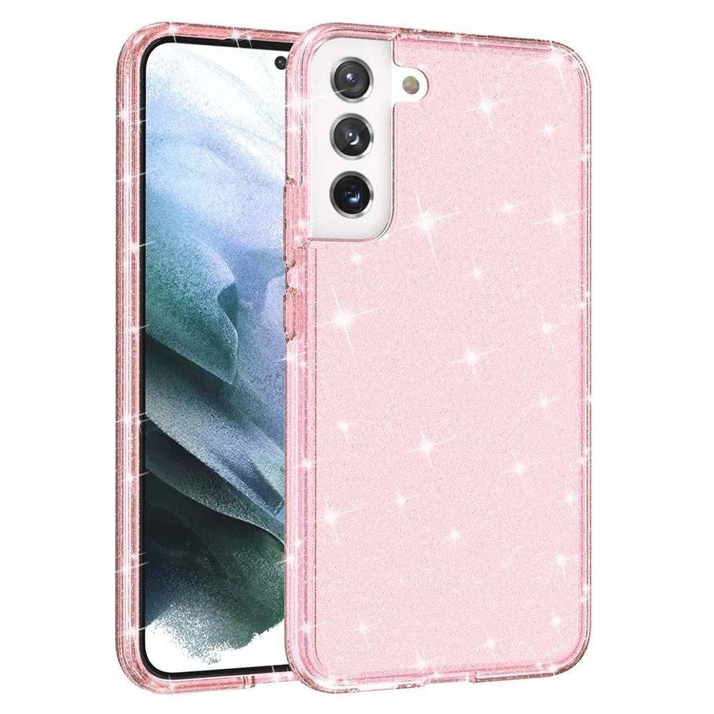 Glittering TPU + PC  Phone Case Shiny Powder Transparent 3.0mm Thickened Hybrid Phone Protector for Samsung Galaxy S22+ 5G - Pink - 2