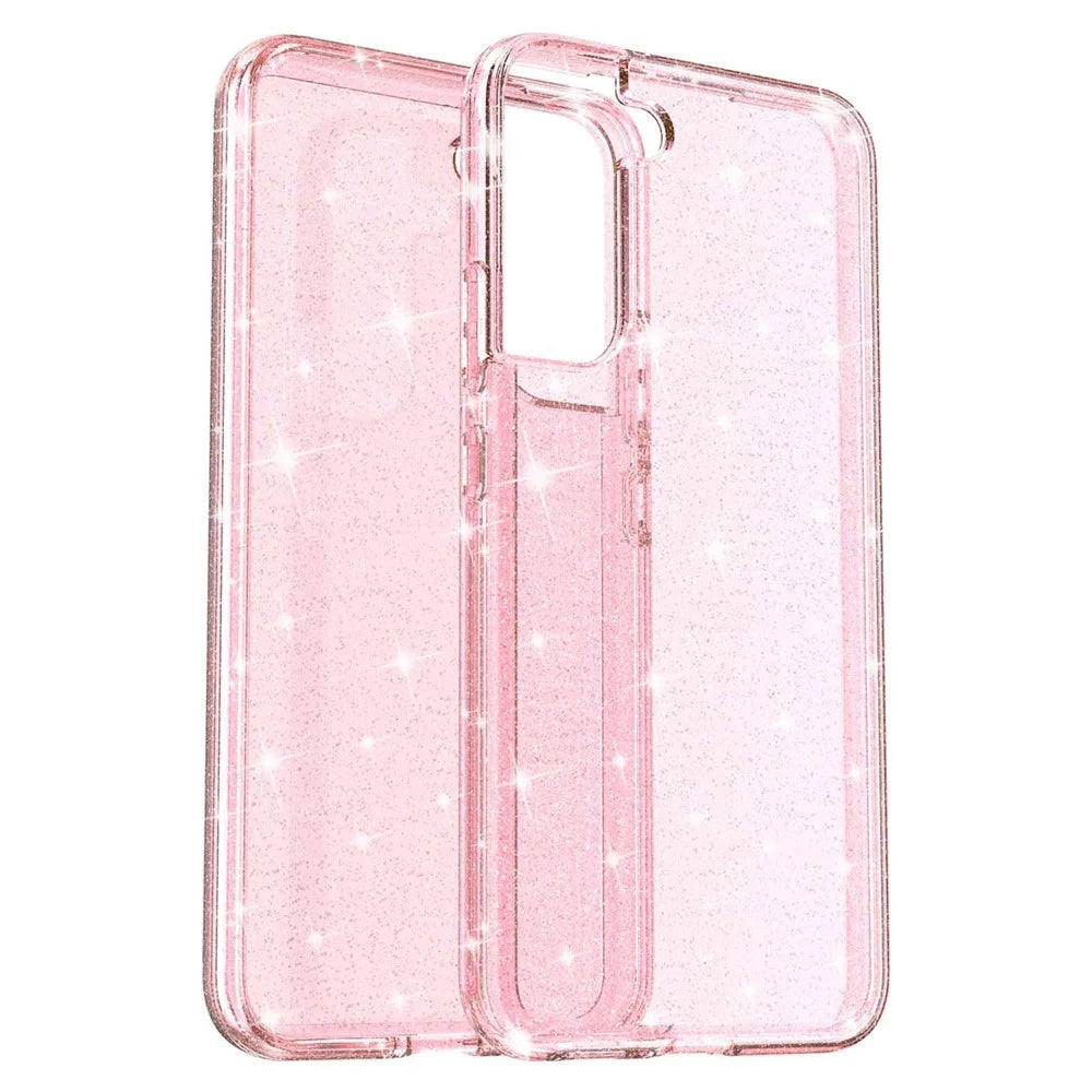 Glittering TPU + PC  Phone Case Shiny Powder Transparent 3.0mm Thickened Hybrid Phone Protector for Samsung Galaxy S22+ 5G - Pink - 3