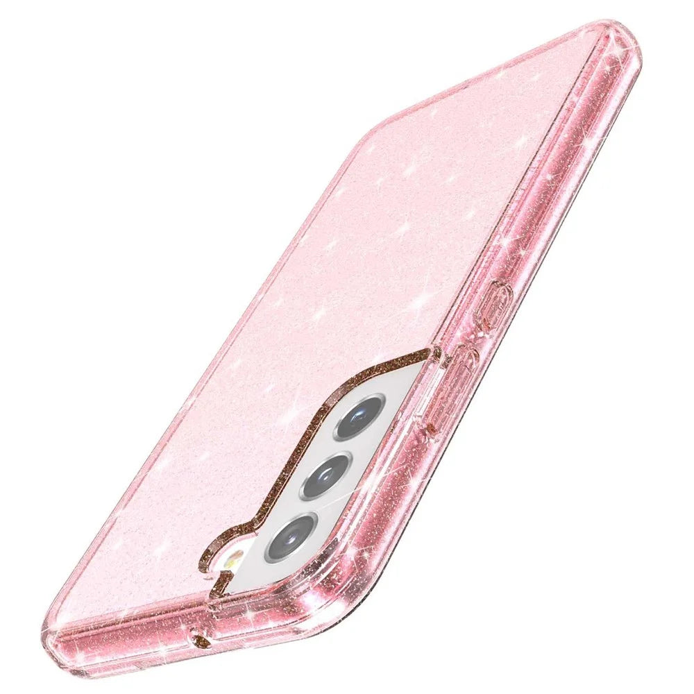 Glittering TPU + PC  Phone Case Shiny Powder Transparent 3.0mm Thickened Hybrid Phone Protector for Samsung Galaxy S22+ 5G - Pink - 6