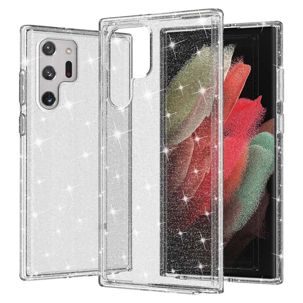 Glittering TPU + PC  Phone Case Transparent Design 3.0mm Thickened Shock-Resistant Hybrid Phone Protector for Samsung Galaxy S22 Ultra 5G - Transparent - 1
