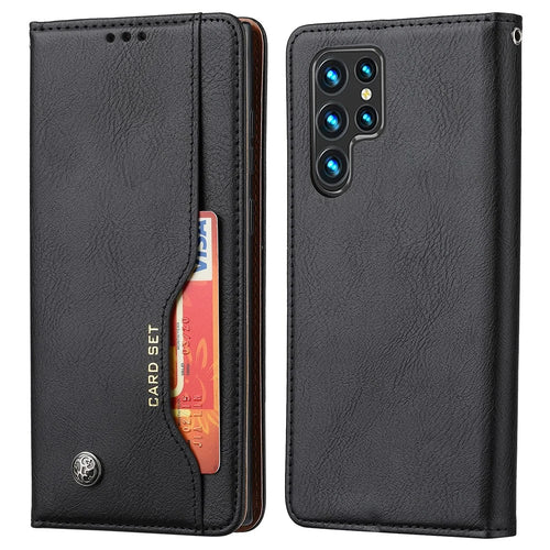 Front Card Slot Design Auto-absorbed Case Well-protected Anti-fall Wallet Leather Phone Cover with Stand for Samsung Galaxy S22 Ultra 5G - Black - 1