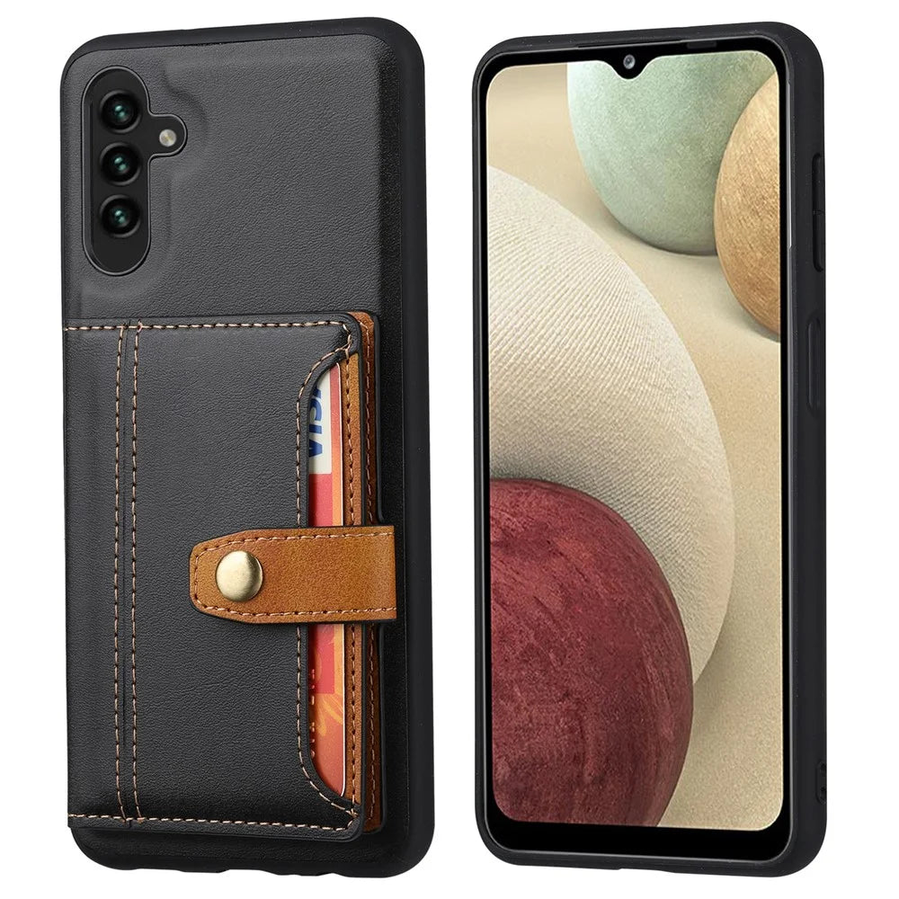 Drop-proof Well-protected Kickstand Design PU Leather Coated TPU Case Cover with Card Slots for Samsung Galaxy A13 5G / A04s 4G (164.7mm) - Black - 1