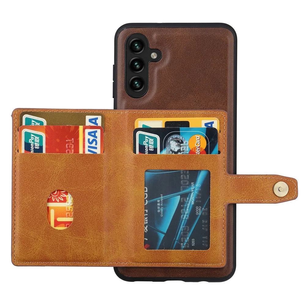 Drop-proof Well-protected Kickstand Design PU Leather Coated TPU Case Cover with Card Slots for Samsung Galaxy A13 5G / A04s 4G (164.7mm) - Black - 4