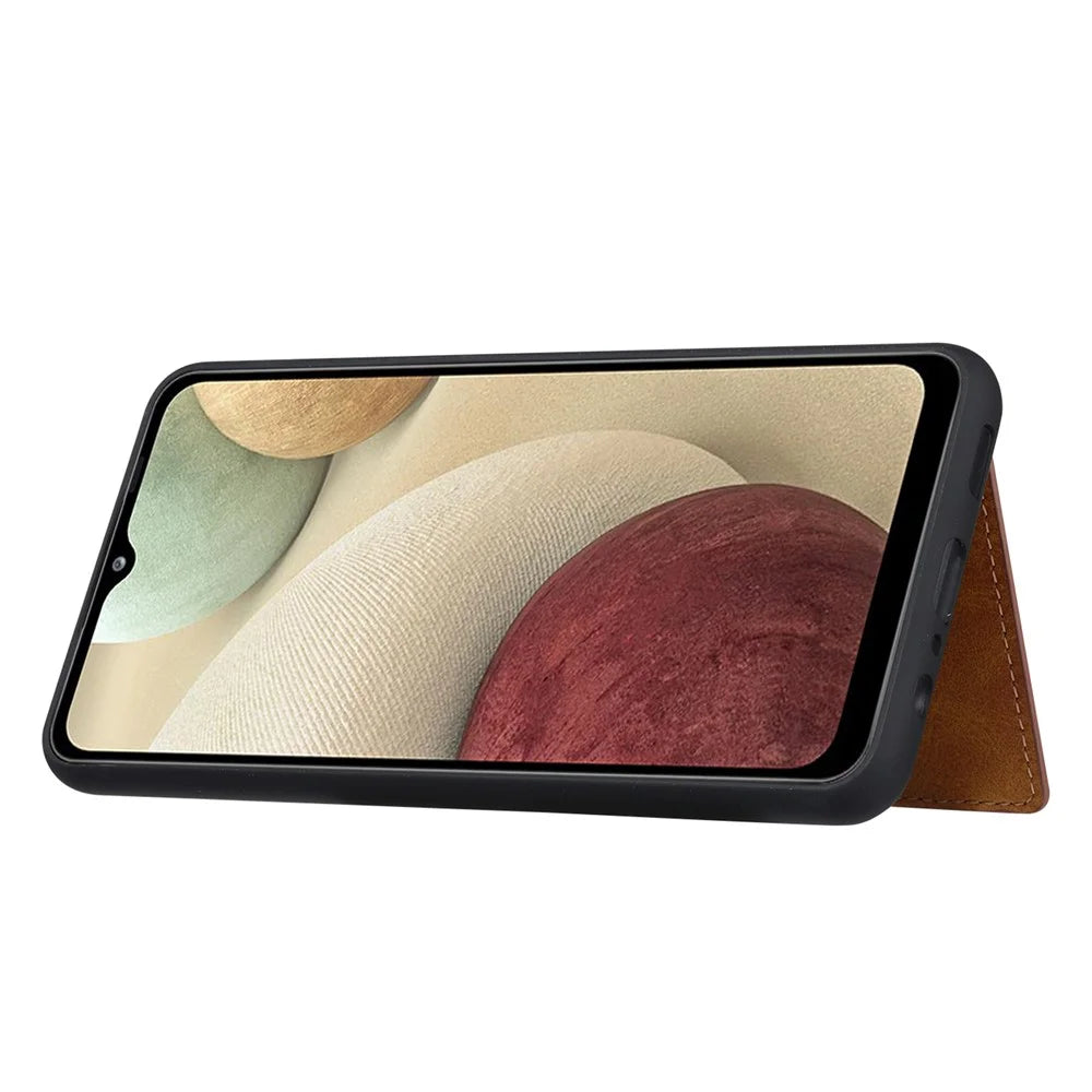 Drop-proof Well-protected Kickstand Design PU Leather Coated TPU Case Cover with Card Slots for Samsung Galaxy A13 5G / A04s 4G (164.7mm) - Black - 6