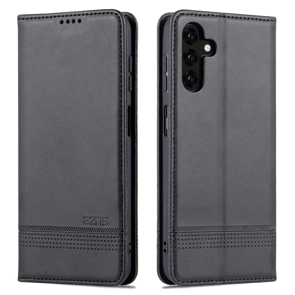 AZNS Drop-proof Auto-absorbed Wallet Design PU Leather Protective Phone Stand Cover Case for Samsung Galaxy A13 5G / A04s 4G (164.7mm) - Black - 1