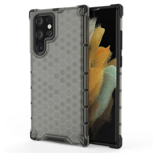 Honeycomb Pattern TPU + PC Hybrid Phone Cover Shock-proof Protective Case for Samsung Galaxy S22 Ultra 5G - Black - 1