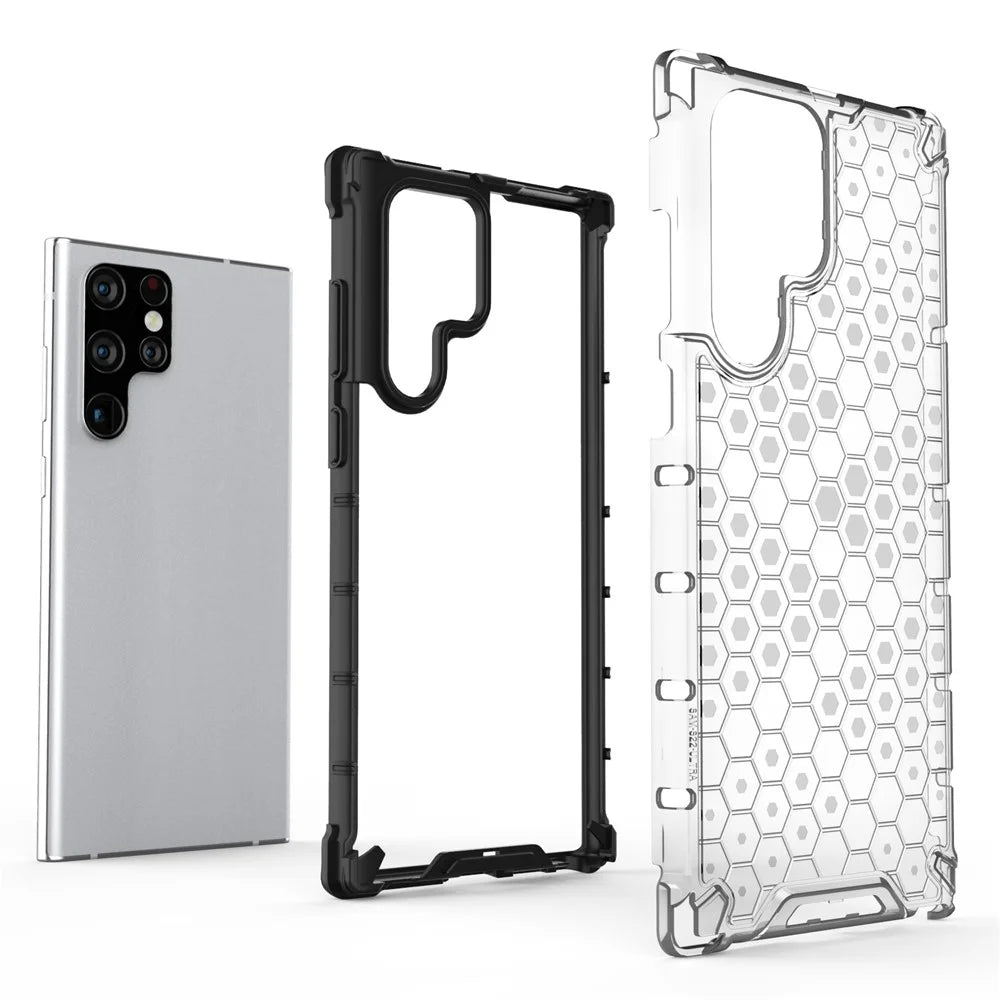 Honeycomb Pattern TPU + PC Hybrid Phone Cover Shock-proof Protective Case for Samsung Galaxy S22 Ultra 5G - Black - 2