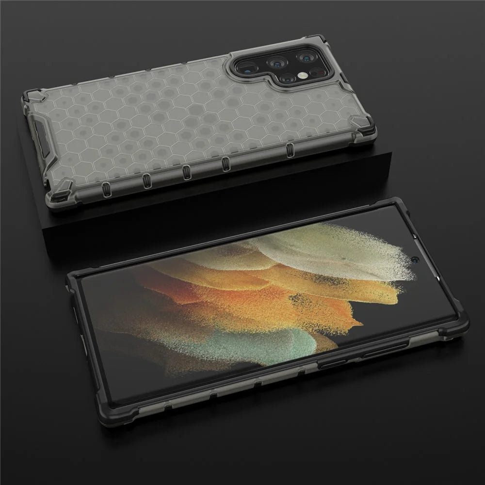 Honeycomb Pattern TPU + PC Hybrid Phone Cover Shock-proof Protective Case for Samsung Galaxy S22 Ultra 5G - Black - 3