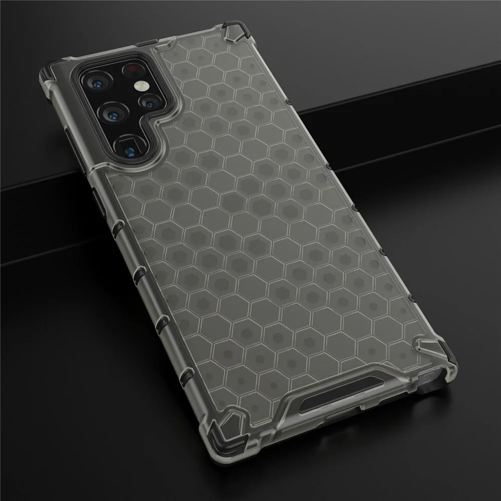 Honeycomb Pattern TPU + PC Hybrid Phone Cover Shock-proof Protective Case for Samsung Galaxy S22 Ultra 5G - Black - 4