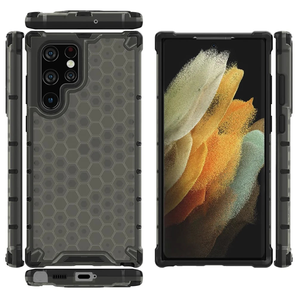 Honeycomb Pattern TPU + PC Hybrid Phone Cover Shock-proof Protective Case for Samsung Galaxy S22 Ultra 5G - Black - 5