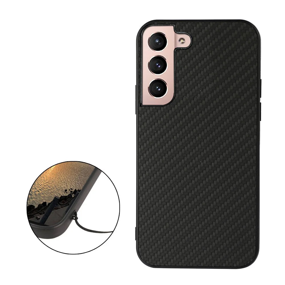 Carbon Fiber Texture Phone Case PU Leather Coated PC + TPU Hybrid Cover for Samsung Galaxy S22+ 5G - Black - 3