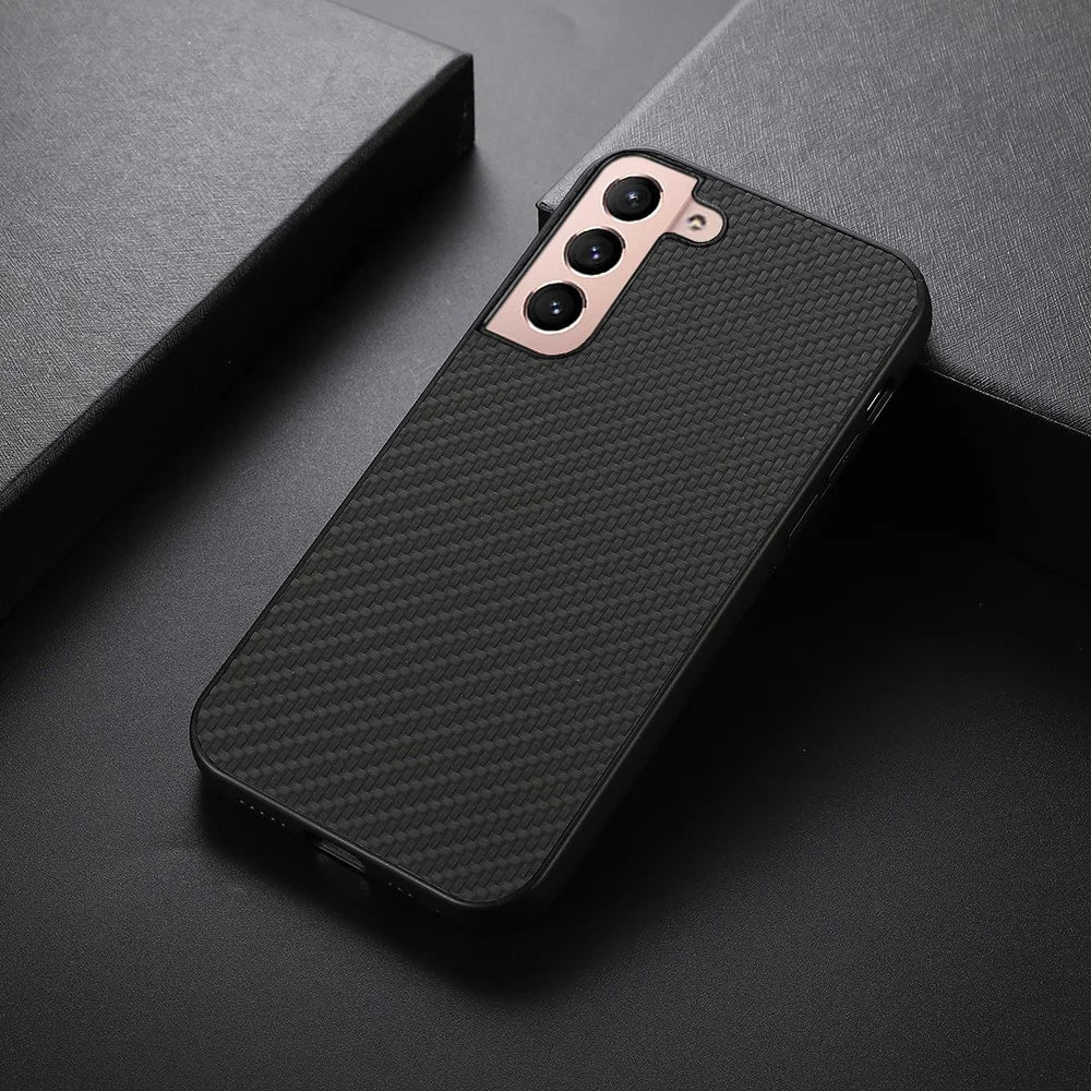 Carbon Fiber Texture Phone Case PU Leather Coated PC + TPU Hybrid Cover for Samsung Galaxy S22+ 5G - Black - 4