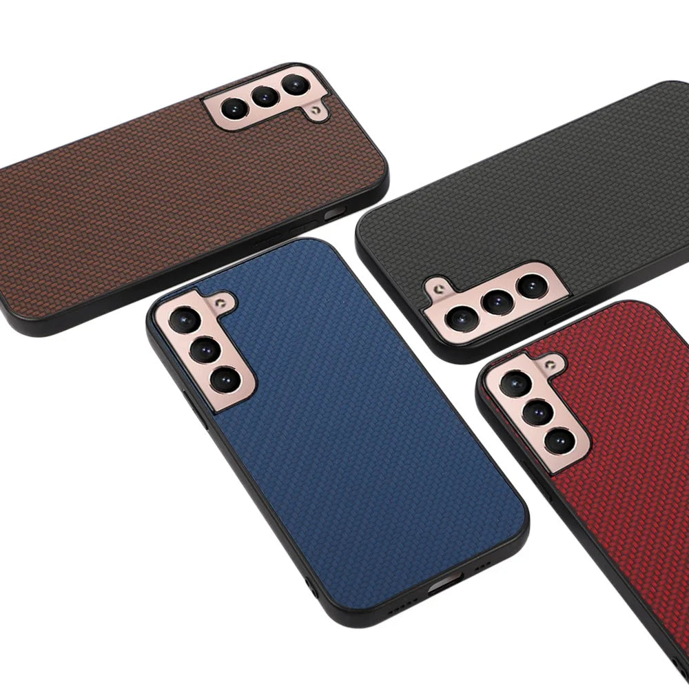 Carbon Fiber Texture Phone Case PU Leather Coated PC + TPU Hybrid Cover for Samsung Galaxy S22+ 5G - Black - 5