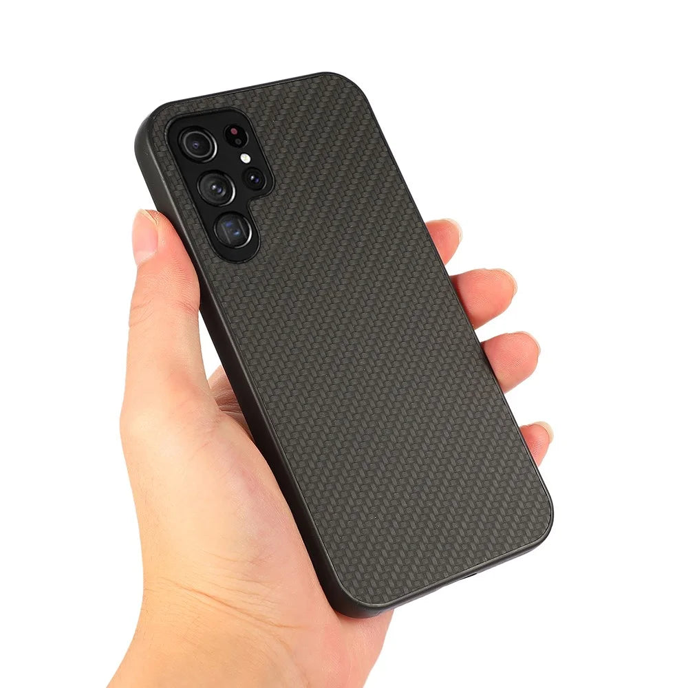 PU Leather Coated PC + TPU Carbon Fiber Texture Shockproof Phone Case Cover for Samsung Galaxy S22 Ultra 5G - Black - 2