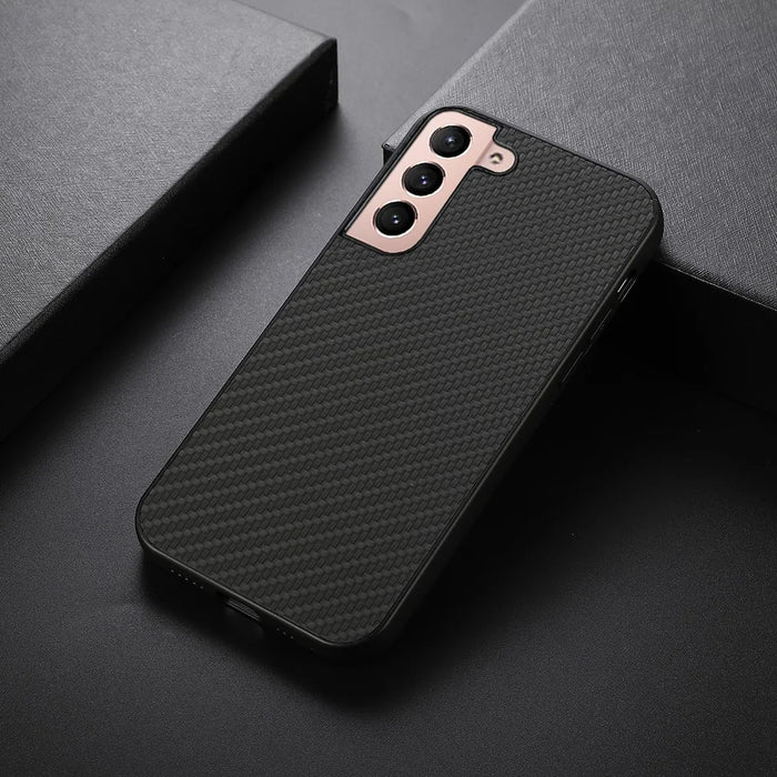 Carbon Fiber Texture Drop-resistant PU Leather Coated PC + TPU Phone Case Shell for Samsung Galaxy S22 5G - Black - 4