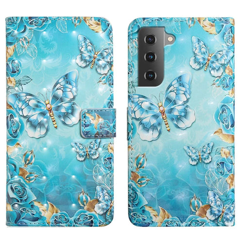 Light Spot Decor Pattern Printing PU Leather + TPU Phone Case with Stand Wallet for Samsung Galaxy S22 5G - Blue Gold Butterfly - 1