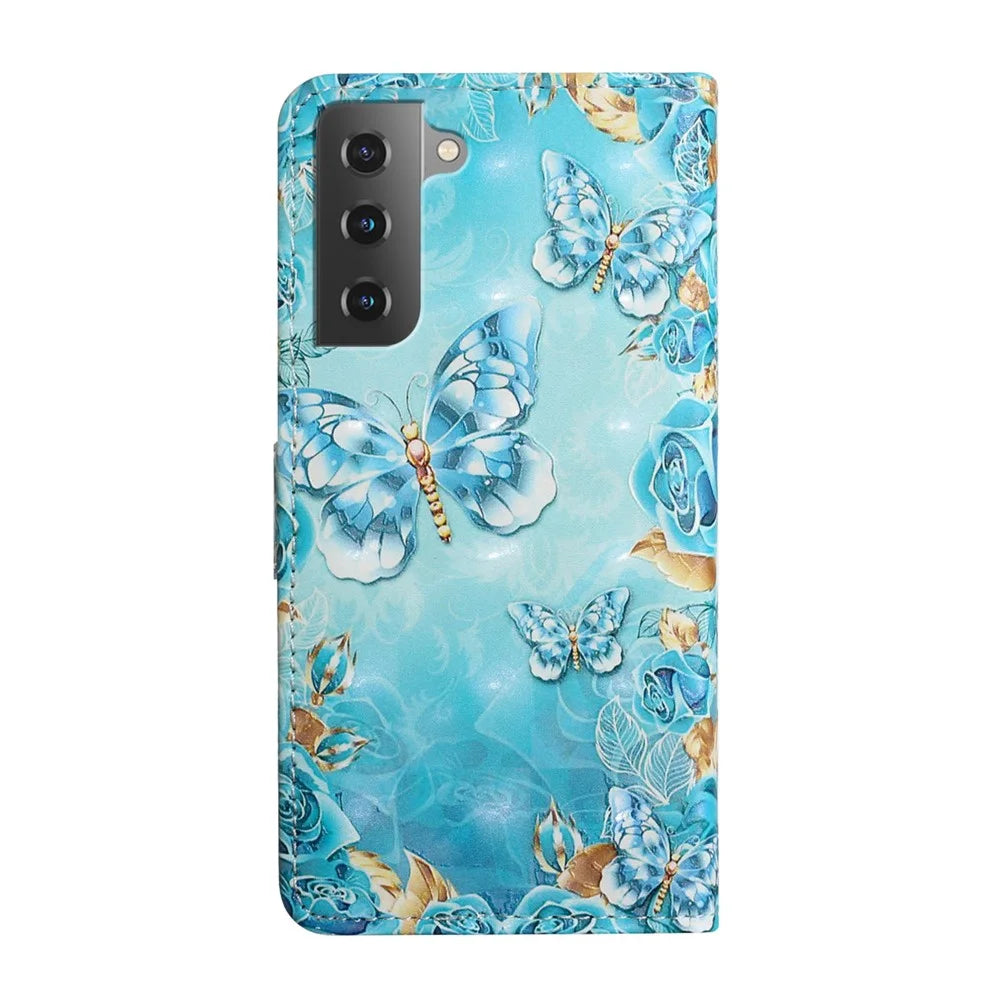 Light Spot Decor Pattern Printing PU Leather + TPU Phone Case with Stand Wallet for Samsung Galaxy S22 5G - Blue Gold Butterfly - 3