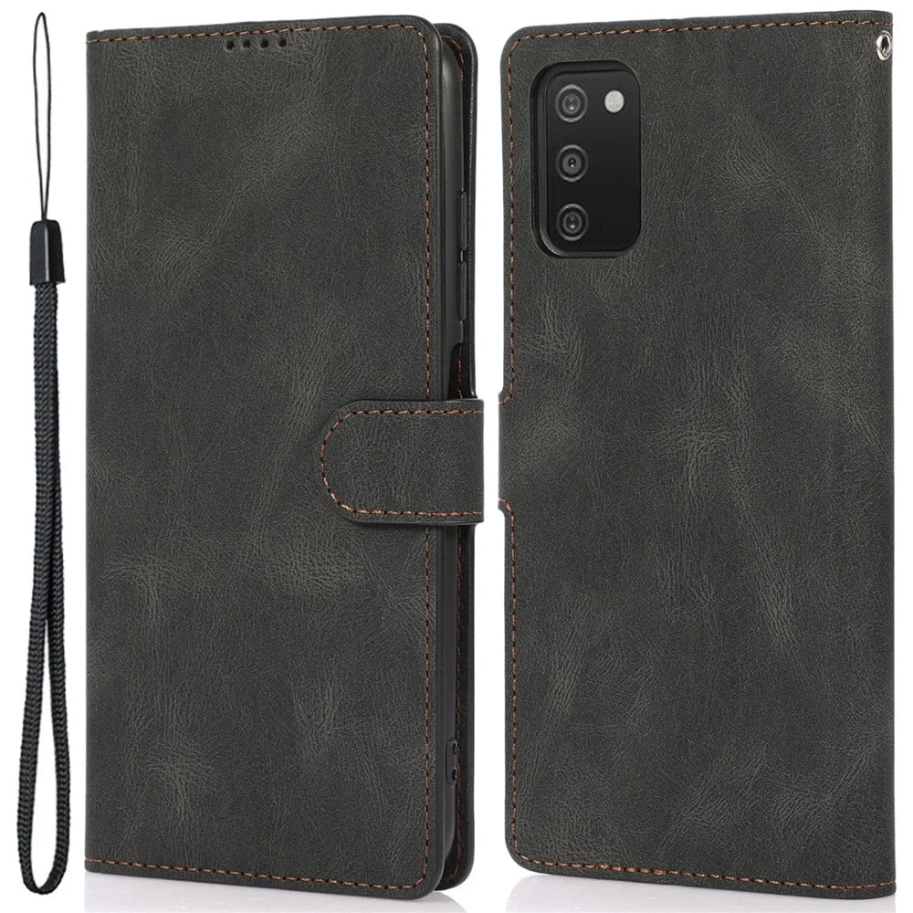 PU Leather + TPU Phone Case Wallet Stand Cover with Strap for Samsung Galaxy A03s (166.5mm) - Black - 1