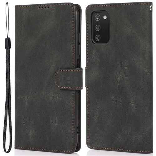 PU Leather + TPU Phone Case Wallet Stand Cover with Strap for Samsung Galaxy A03s (166.5mm) - Black - 1