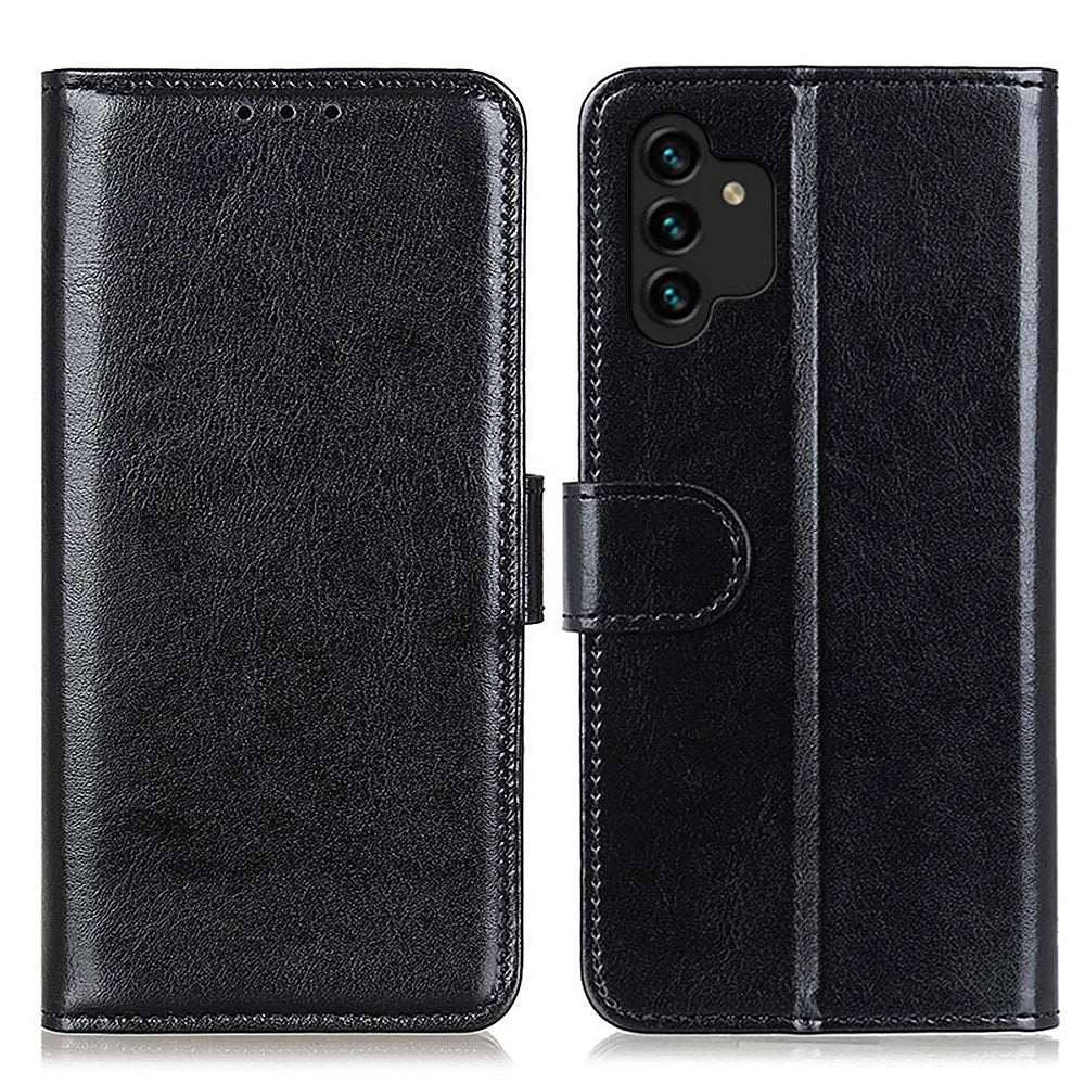 For Samsung Galaxy A13 4G Flip Wallet Crazy Horse Texture PU Leather Cover Magnetic Soft TPU Folding Stand Case - Black - 1