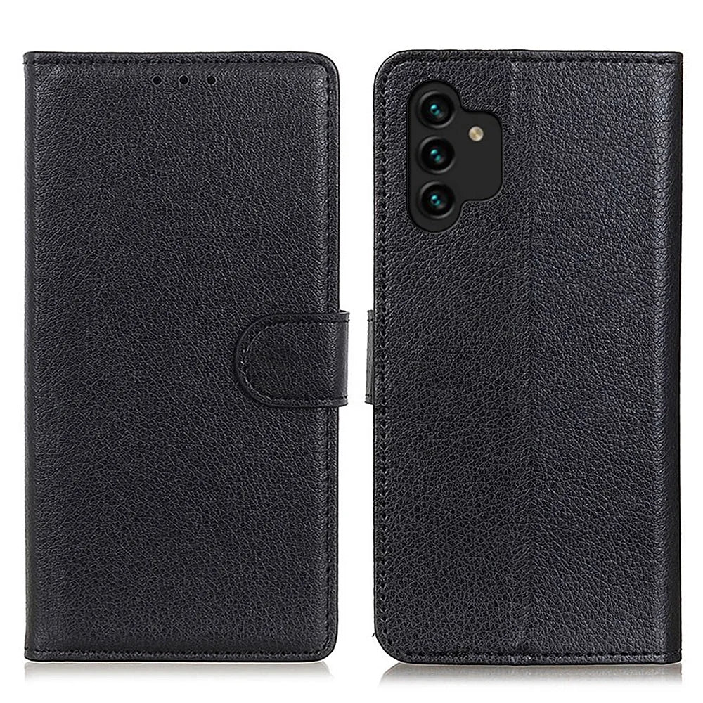 For Samsung Galaxy A13 4G Book Stand Classic Litchi Texture PU Leather Case Magnetic Closure Flip Wallet Cover - Black - 1