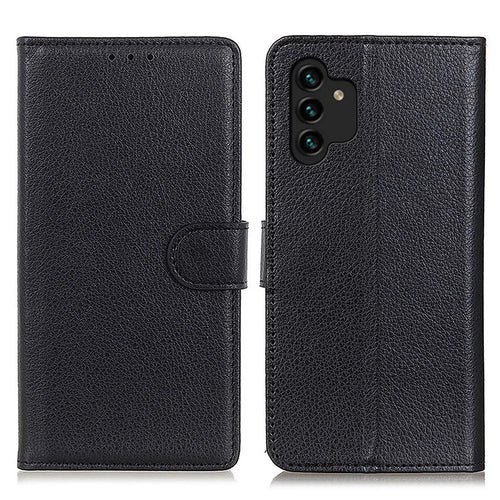 For Samsung Galaxy A13 4G Book Stand Classic Litchi Texture PU Leather Case Magnetic Closure Flip Wallet Cover - Black - 1