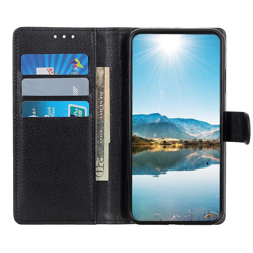 For Samsung Galaxy A13 4G Book Stand Classic Litchi Texture PU Leather Case Magnetic Closure Flip Wallet Cover - Black - 4