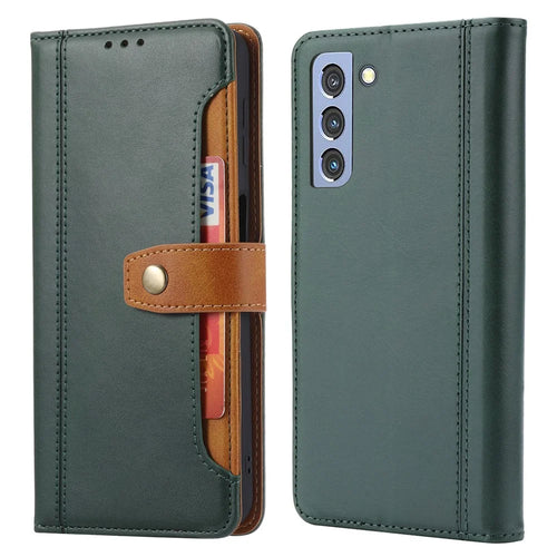 Flip Card Holder Business Style Wallet Stand Leather Phone Case Mobile Phone Covering for Samsung Galaxy S22 5G - Green - 1