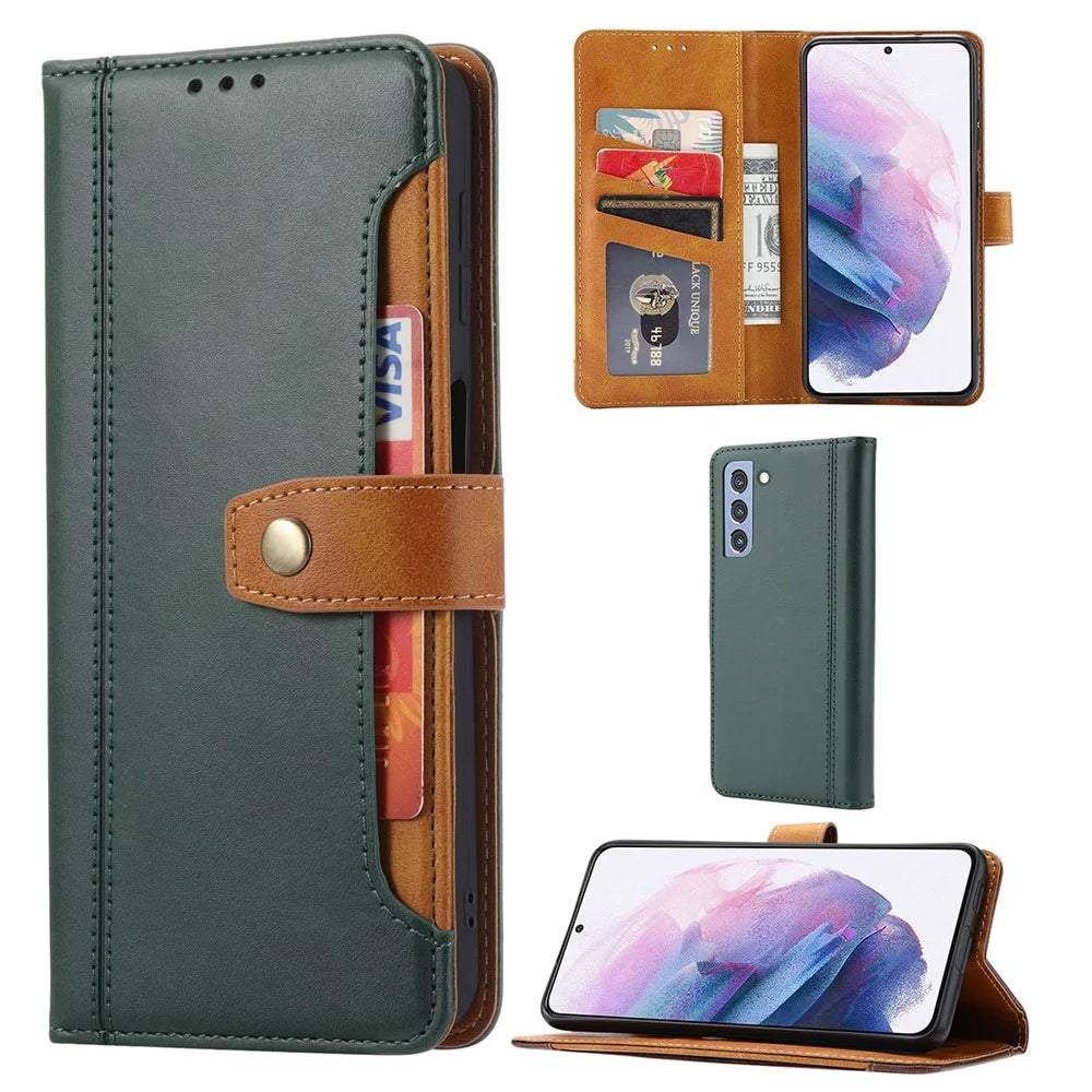 Flip Card Holder Business Style Wallet Stand Leather Phone Case Mobile Phone Covering for Samsung Galaxy S22 5G - Green - 6
