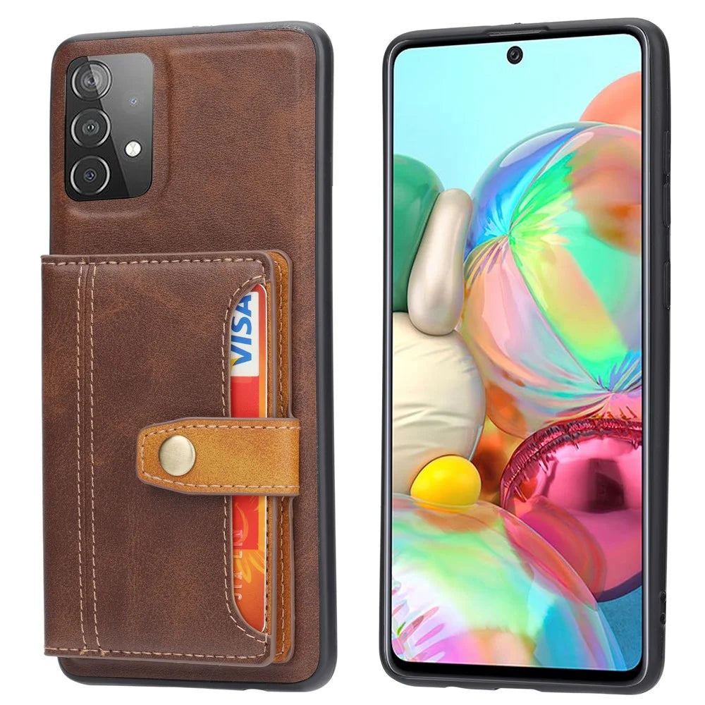 For Samsung Galaxy A53 5G Card Slots Kickstand Anti-Scratch PU Leather Coated TPU Protective Phone Case - Brown - 1