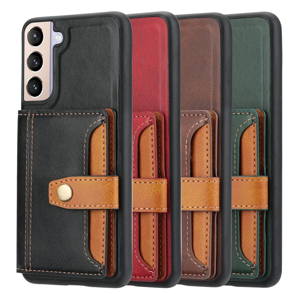 PU Leather Coated TPU Kickstand Shockproof Case with Card Slots Holder for Samsung Galaxy S22 5G - Black - 6