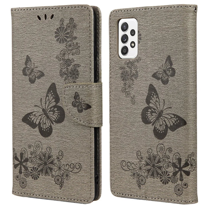 For Samsung Galaxy A53 5G Imprinting Stylish Butterfly Flower Well-protected Phone Shell Scratch-resistant Stand Wallet Leather Phone Case - Grey - 1