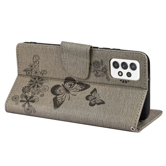 For Samsung Galaxy A53 5G Imprinting Stylish Butterfly Flower Well-protected Phone Shell Scratch-resistant Stand Wallet Leather Phone Case - Grey - 5