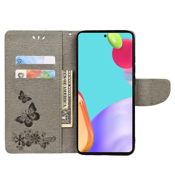 For Samsung Galaxy A53 5G Imprinting Stylish Butterfly Flower Well-protected Phone Shell Scratch-resistant Stand Wallet Leather Phone Case - Grey - 6