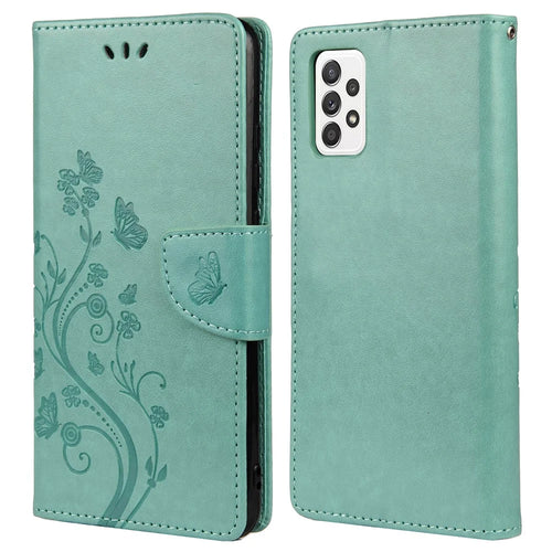 For Samsung Galaxy A53 5G Butterfly Flower Imprinted Leather Stand Wallet Cover Phone Case - Green - 1