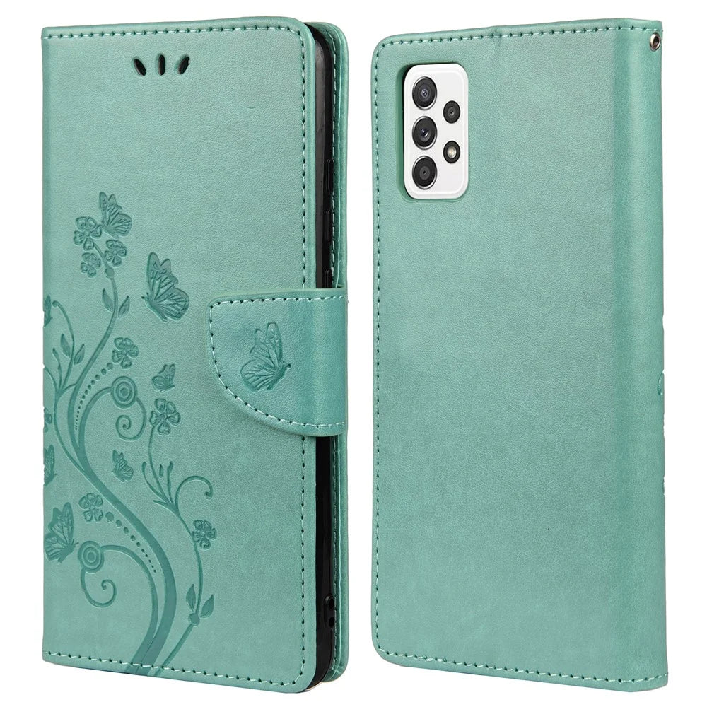 For Samsung Galaxy A53 5G Butterfly Flower Imprinted Leather Stand Wallet Cover Phone Case - Green - 1