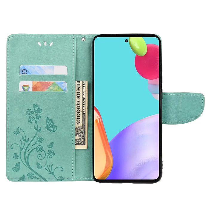 For Samsung Galaxy A53 5G Butterfly Flower Imprinted Leather Stand Wallet Cover Phone Case - Green - 6