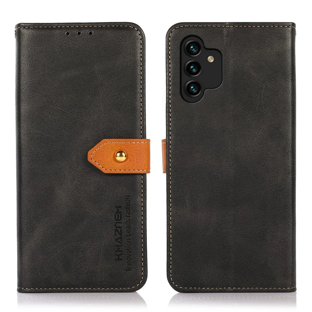 KHAZNEH for Samsung Galaxy A13 4G PU Leather Stand Cover Drop-proof Magnetic Golden Clasp Case Cover with Wallet - Black - 1