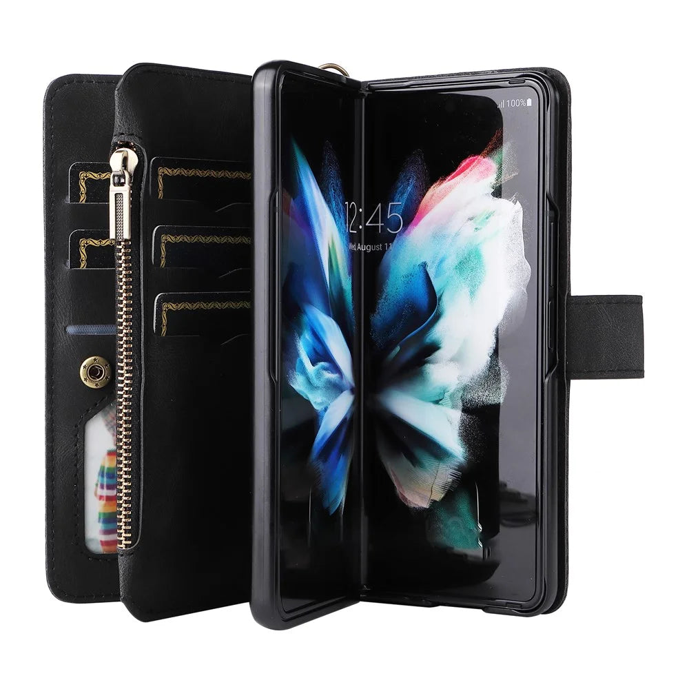For Samsung Galaxy Z Fold3 5G Zipper Wallet Case with 15 Card Slots and Strap Leather Phone Cover - Black - 3
