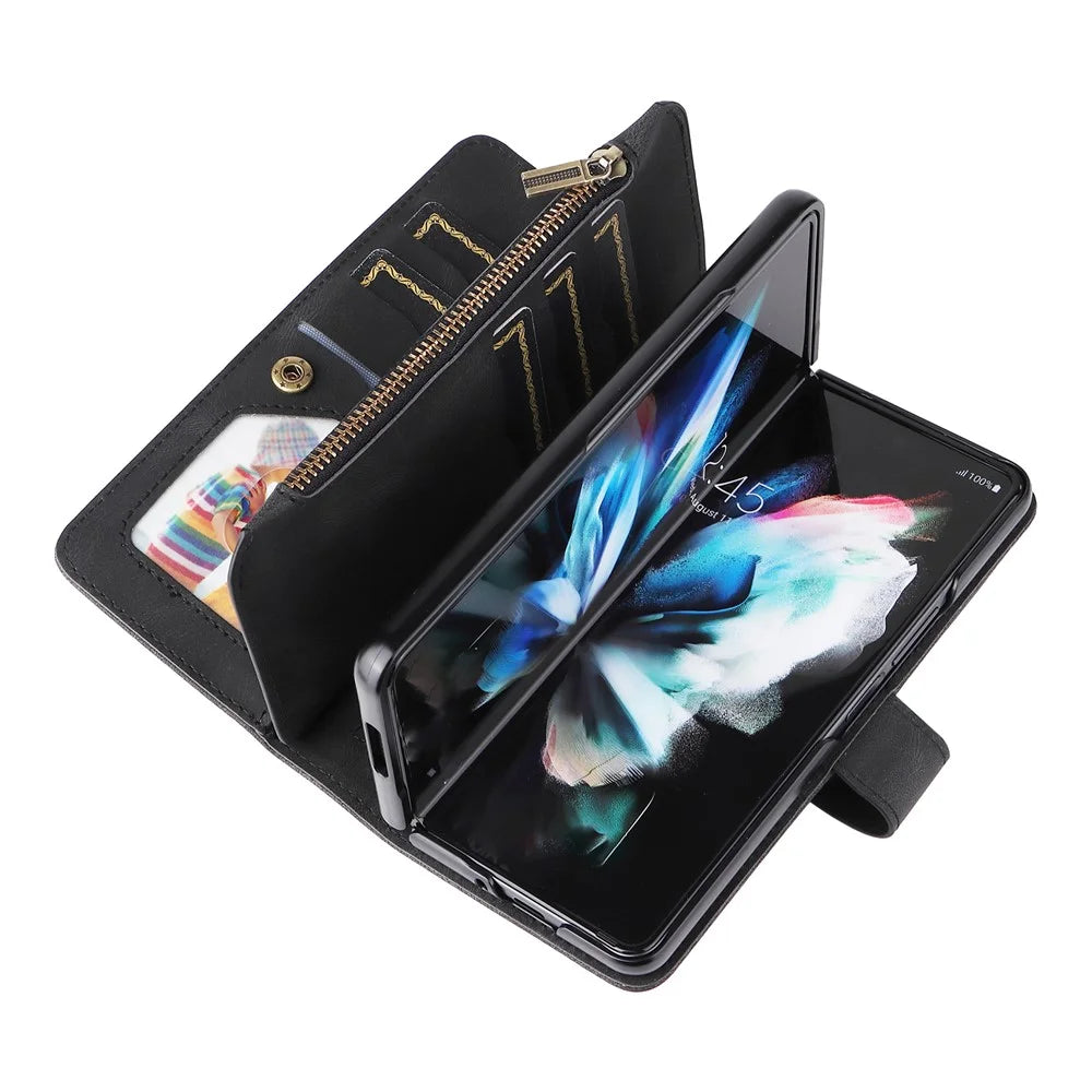 For Samsung Galaxy Z Fold3 5G Zipper Wallet Case with 15 Card Slots and Strap Leather Phone Cover - Black - 4