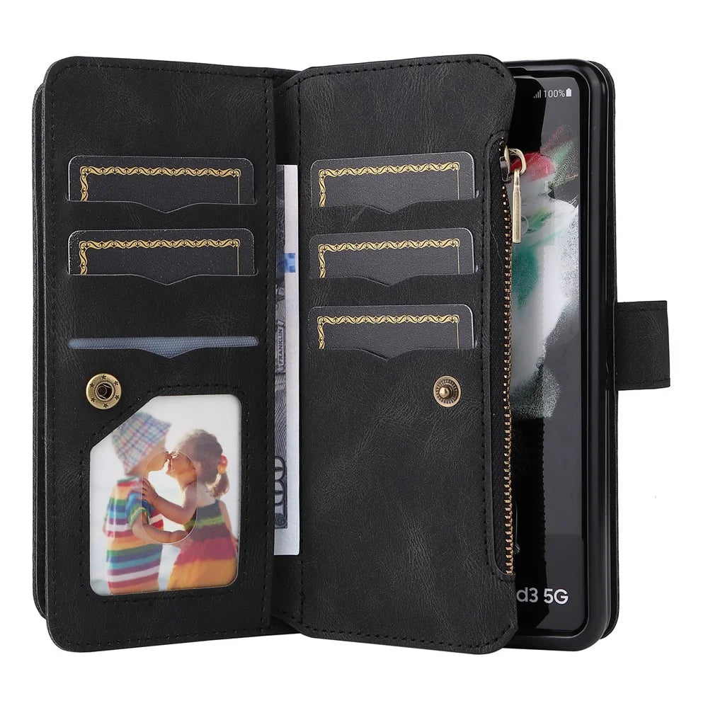 For Samsung Galaxy Z Fold3 5G Zipper Wallet Case with 15 Card Slots and Strap Leather Phone Cover - Black - 5