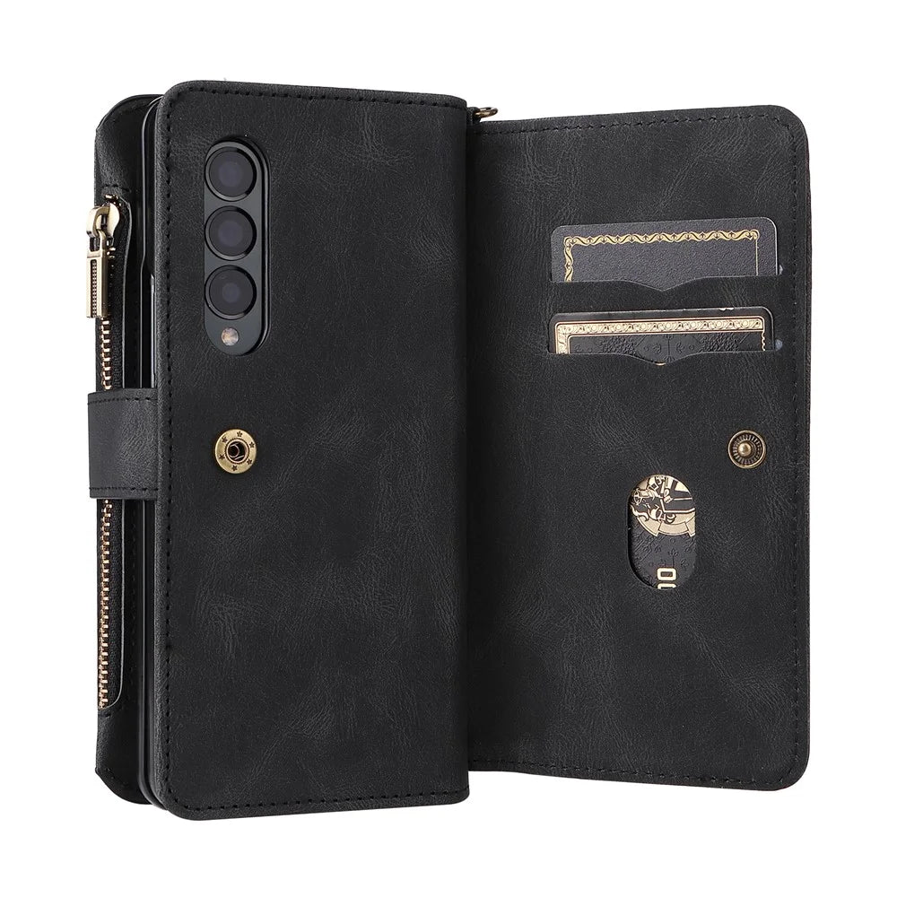 For Samsung Galaxy Z Fold3 5G Zipper Wallet Case with 15 Card Slots and Strap Leather Phone Cover - Black - 6