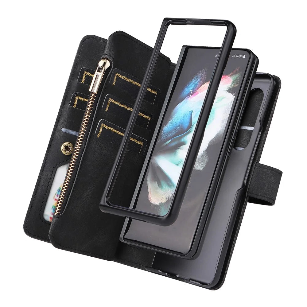 For Samsung Galaxy Z Fold3 5G Zipper Wallet Case with 15 Card Slots and Strap Leather Phone Cover - Black - 7