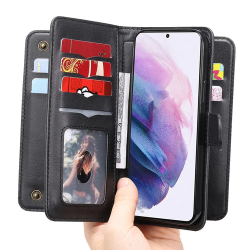 For Samsung Galaxy S22 5G Leather Case with 10 Card Holder Phone Cover Stand - Black - 1